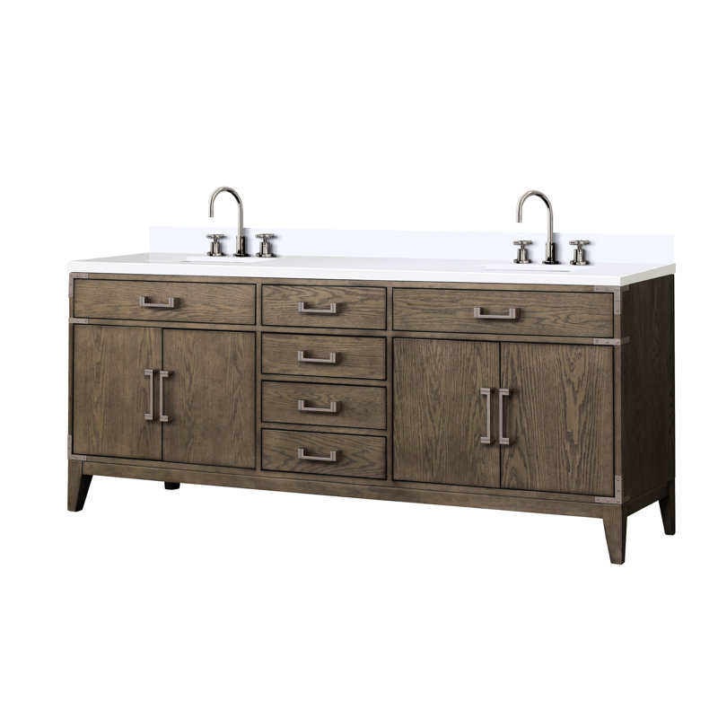 80 po De salle de bain double en chêne gris avec comptoir en quartz blanc, robinet et deux tiroirs de meuble-lavabo, quartz poli à la main, robinet à fermeture en douceur