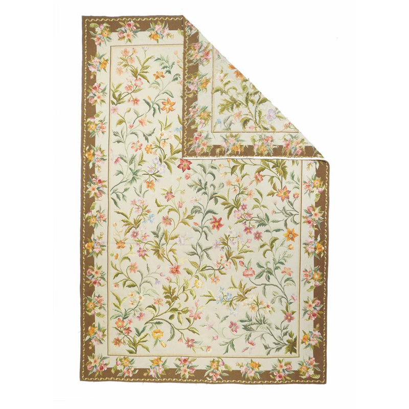 Wool Floral Area Rug in Beige