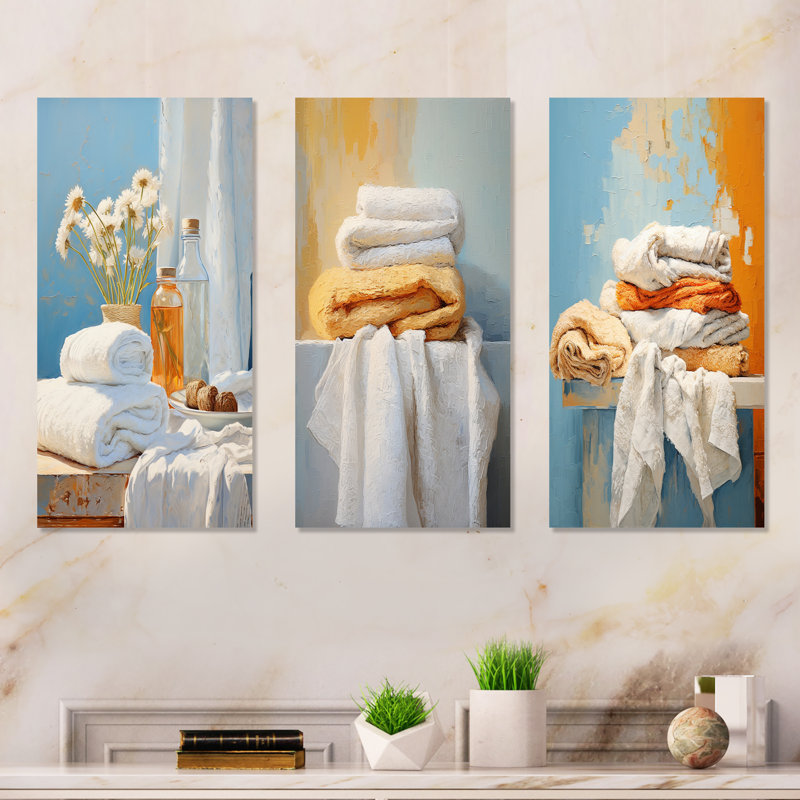 White And Orange Coastal Laundry Towels II - Laundry Metal Wall Art Set Of 3, 32" H x 48" W