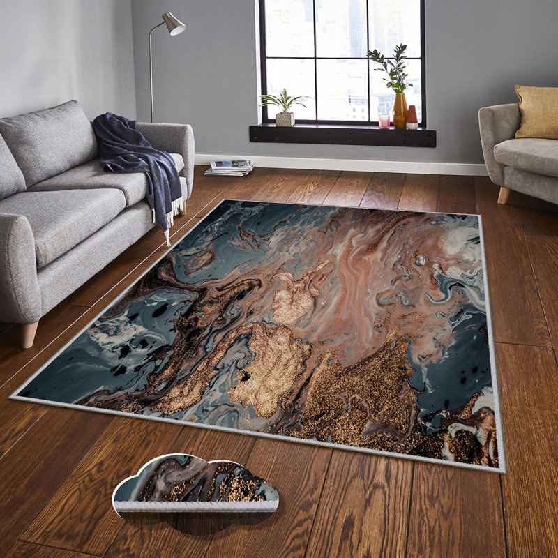 Tapis tissé élégant (4 x 6 pi), 100% polyester, d'une hauteur de poils de 0,4 po | Antibactérien, antidérapant sous la surface | Lavable à la machine, impression numérique 3D | Parfait pour le salon, la chambre à coucher et la décoration intérieure