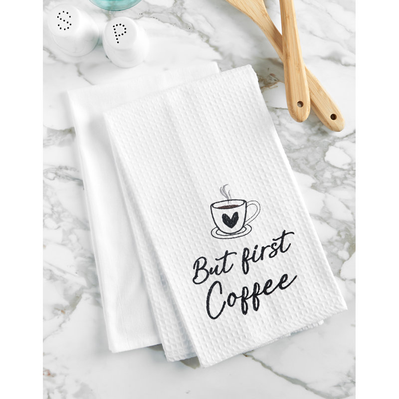 But First Coffee Embroidered Cotton Waffle Weave Kitchen Towel
