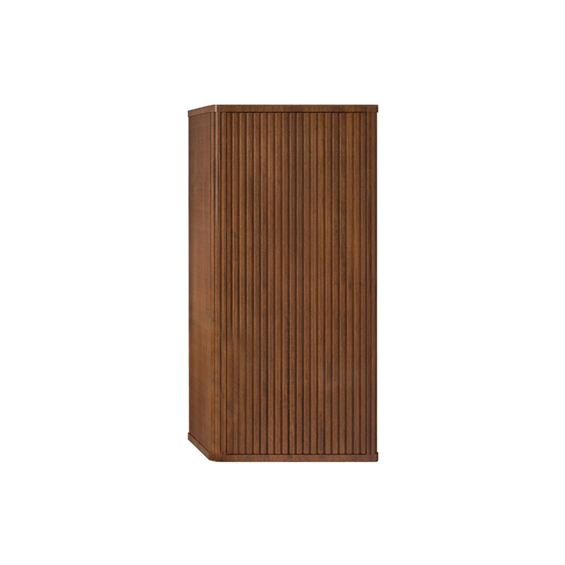 Meuble de salle de bain rayé en noyer, entrée à ouverture par pression, intérieur à tablettes pour rangement rangé, structure courbée sécuritaire, armoire de fabrication en bois d'ingénierie, finition, porte, organisation intérieure, design,