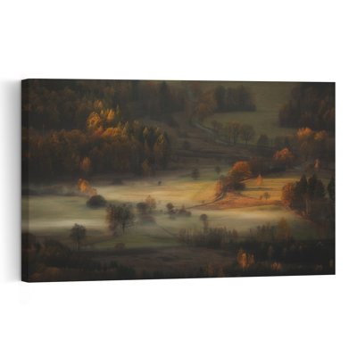 Golden Foggy Morning Dreamy Ethereal Peaceful Autumn Forest Wall Art Print 1 Piece Wrapped Canvas Wall Art