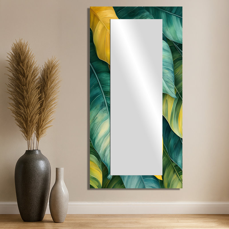 Green Tropical Safari Leaves I - Floral Accent Wall Mirror - Printed On Metal, 28" x 55"