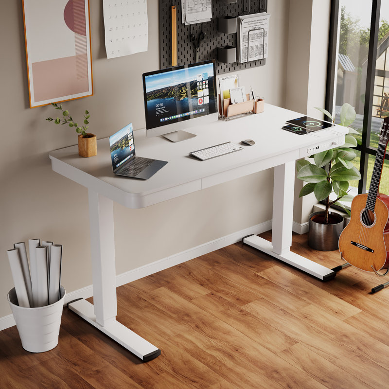 Height Adjustable Rectangle Standing Desk, Computer Desk with Drawer, USB Port and Type-C Port, 46.55"" H x 48"" W x 24"" D