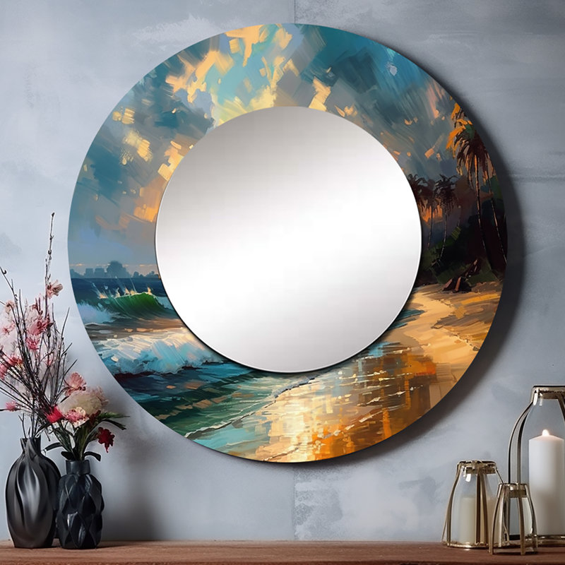 Shenaya Green and Blue Coastal Escapes - miroir mural plage, miroir décoratif rond vert, impression d'art en métal
