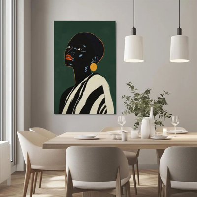Art mural sur toile encadré en 2 dimensions, portrait de femme africaine, boucles d'oreilles oranges et vêtements rayés, art contemporain, reproduction d'art sur toile, décoration murale, cadeau idéal, prêt à accrocher