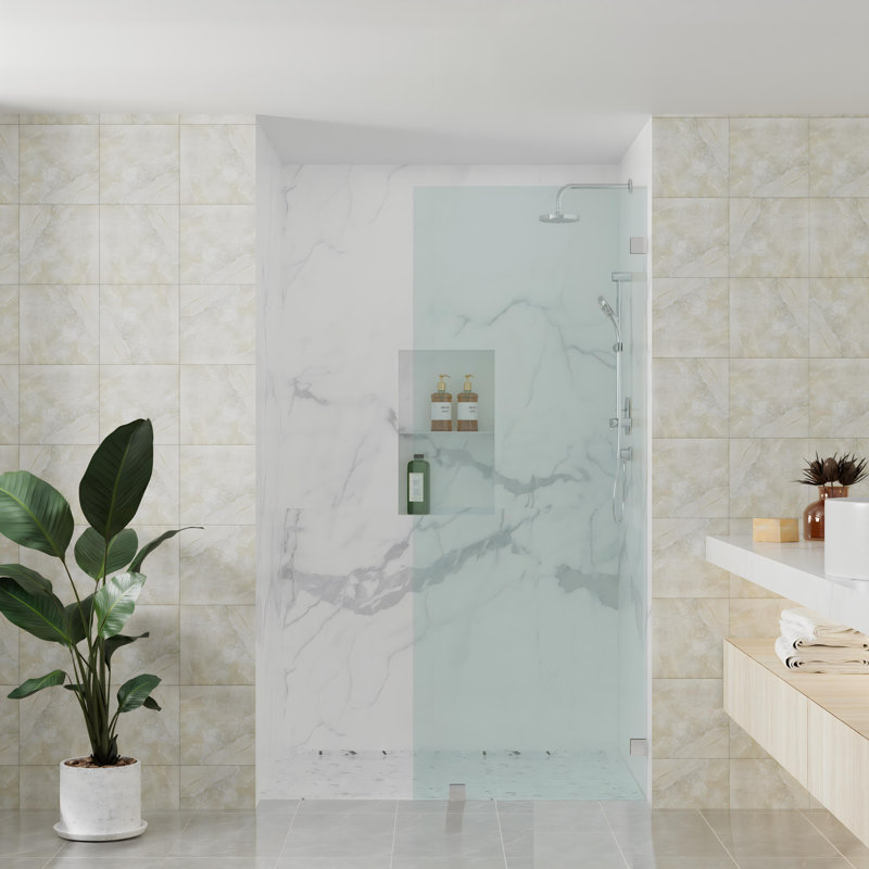 34"W x 76"H Fixed Frameless Shower Screen with 3/8" Clear Glass, Polished Chrome, 34"W x 76"H