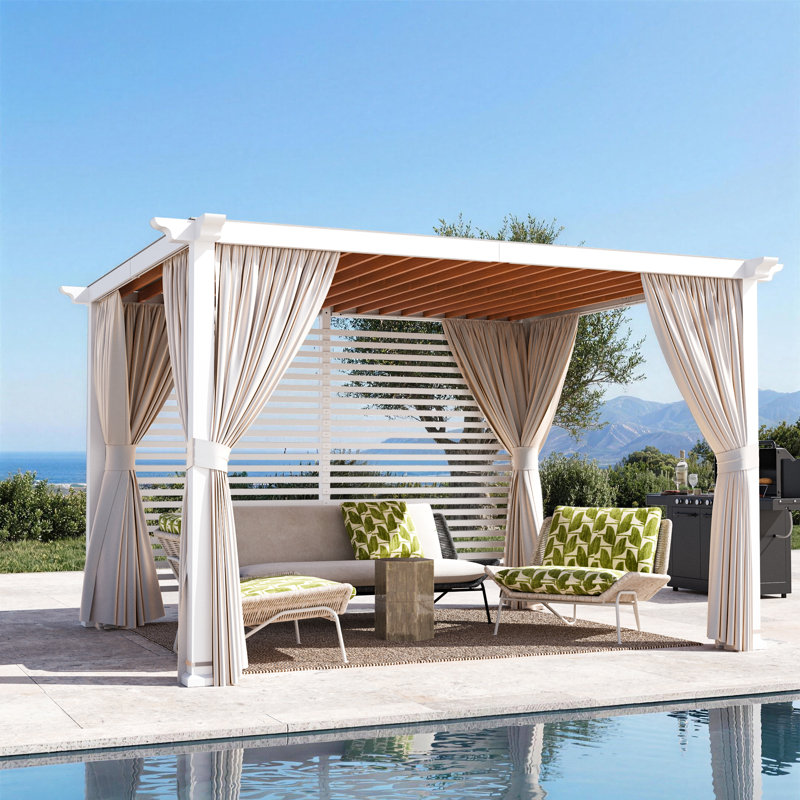 Palisade 10‘ X 12' Steel Frame Outdoor Patio Pegola With Slats Roof，Textilene Sun Shade Canopy Privacy Panel Screen Wall And Curtains For Backyard Garden And Deck Party
