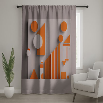 Orange White Shapes Window Curtains, Geometric Sheer & Blockout Curtains - 1 Panel