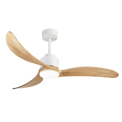 52"White+Wood Ceiling Fan With Light Kit Dimmable LED 3 Blades 6 Speed Reversible Quiet DC Motor for Bedroom, Living Room, Apartment