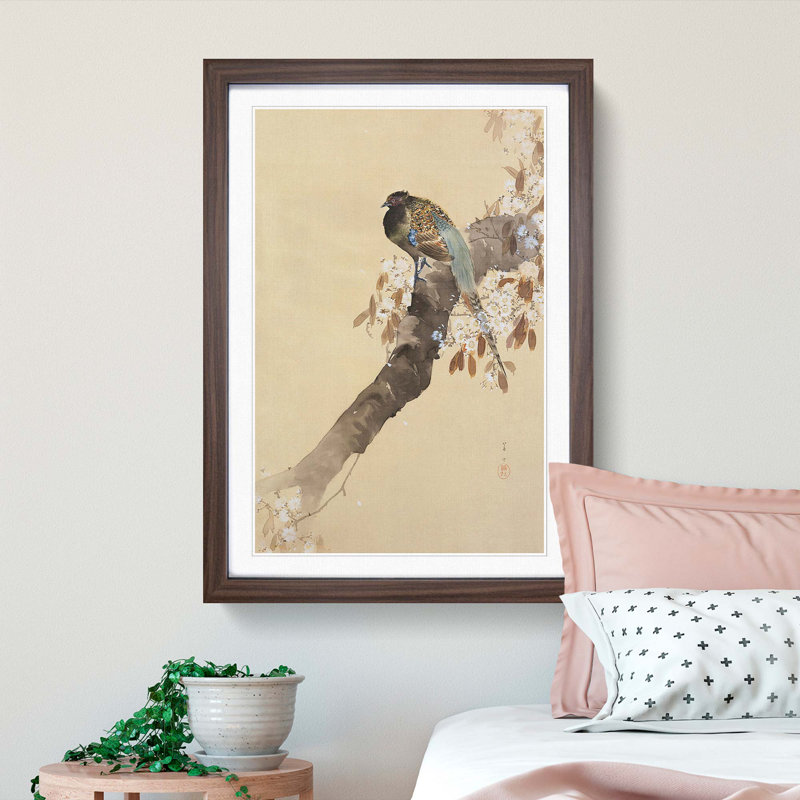 Pheasant on a Cherry Blossom Tree by Ohara Koson - Picture Frame Painting Print, 36cm H x 27cm W x 2cm D, Walnut Framed