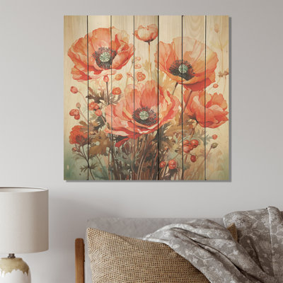 Red Serene Poppy Meadows I - Poppy On Wood Print