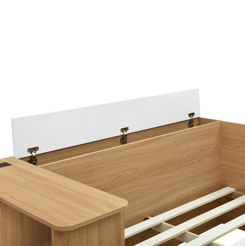 Lit plateforme double en bois avec 6 tiroirs, tablettes et coiffeuse, Brun