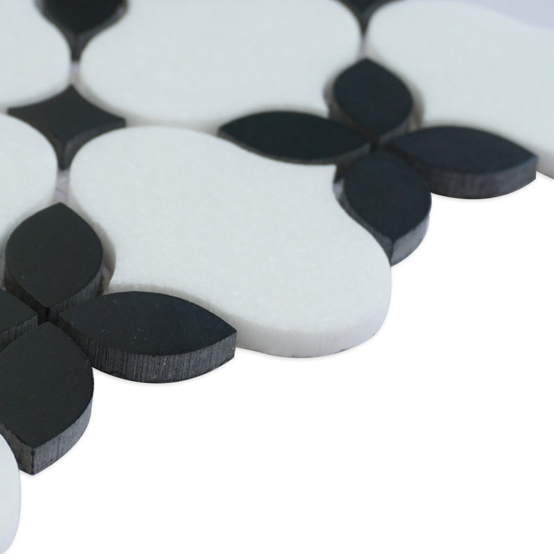 Clover Bloom 11.82 in. x 11.82 in. Floral Polished Marble Mosaic Tile, White/Black