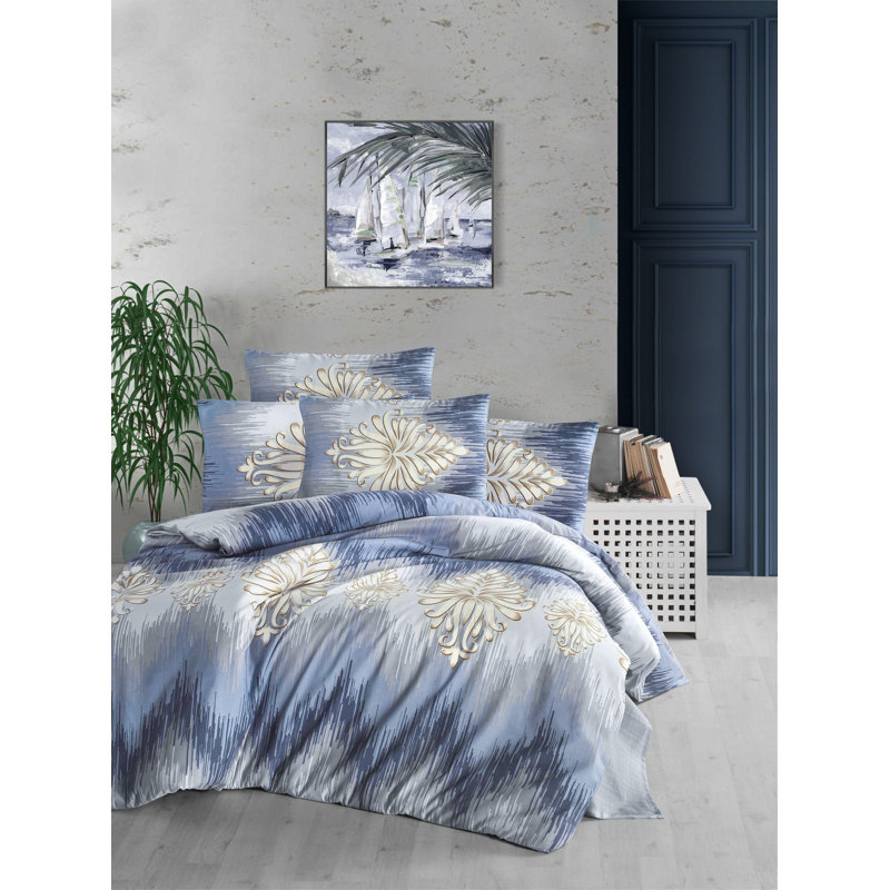 Ensemble de housse de courtepointe très grand, 65% coton / 35% polyester, bleu foncé et bleu avec accents gris et brun | Housse de couette: 78,7 x 86,6, 2 taies d'oreiller: 31,5 x 31,5 | 127 fils, lavable à la machine, fermeture à boutons, conception élégante
