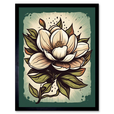Aashdon Old School Magnolia Flower USA Tattoo Ink Body Art Rockabilly Americana - Single Picture Frame Print