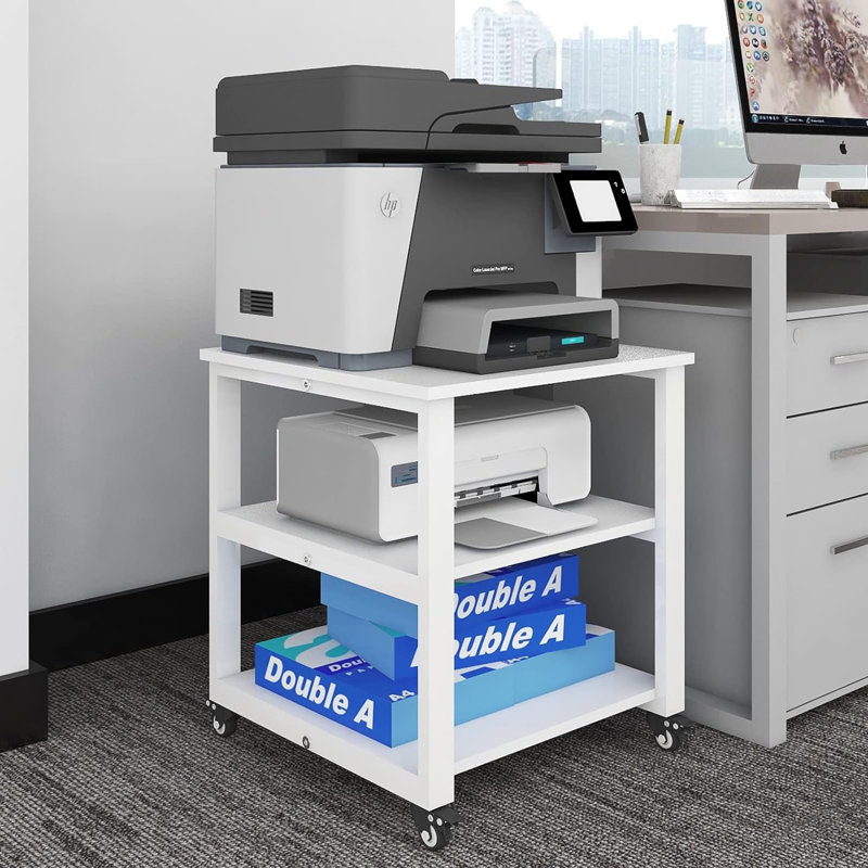 19.7 x 19.7 inches 3-Tier Laser Printer Stand with Storage Pinter desk Floor-Standing Rack on Wheels, White