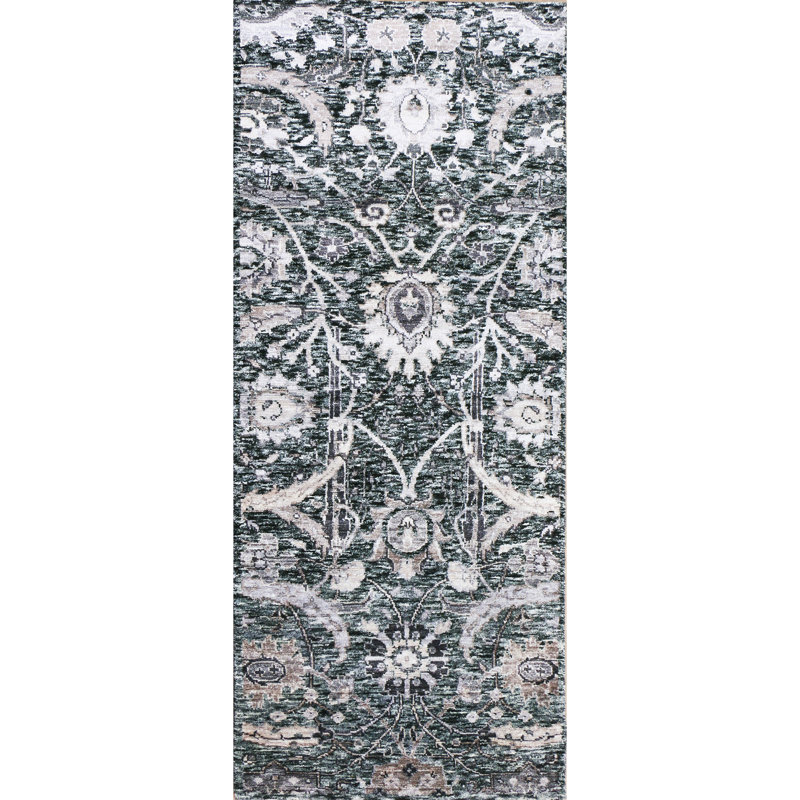 Hand Knotted Damask Area Rug in Black/White/Brown, Runner 2'6" x 6'