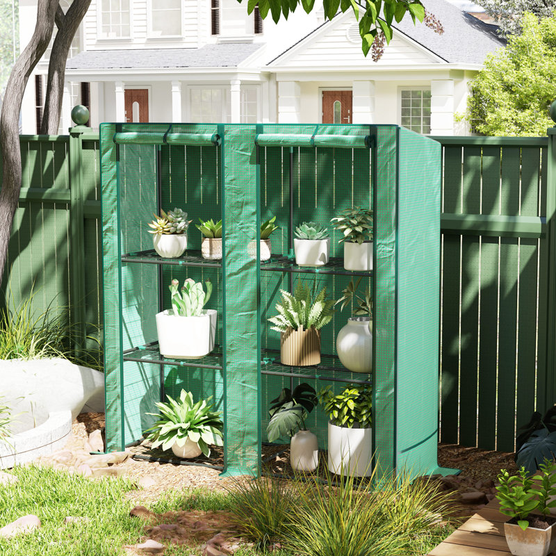 Outsunny Lean-to Greenhouse with 3 Tier Shelves, 56.7" x 18.9" x 59.8" Portable Small Greenhouse with PE Cover, 2 Roll-Up Zippered Doors, for Indoor Outdoor Garden Backyard Balcony, Green