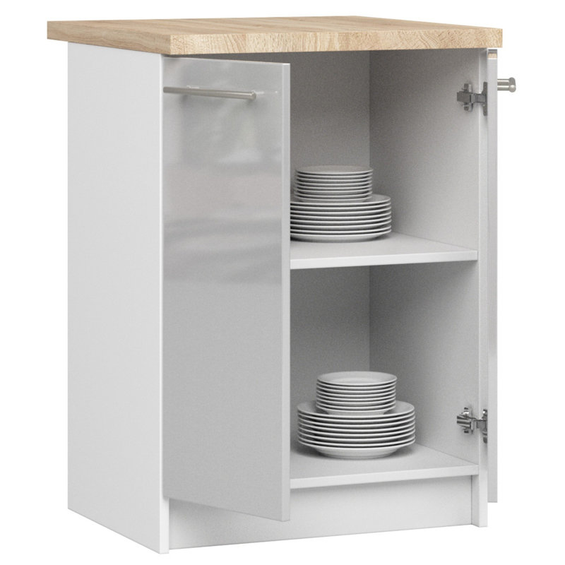 OLIWIA kitchen base cabinet in white, light gray gloss, 85cm H x 60cm W x 46cm D