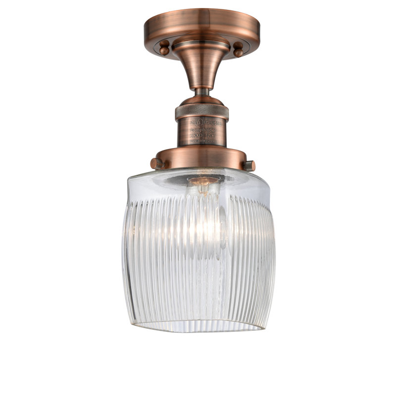 Manfredi Glass Semi Flush Mount, 6 Watt Vinage LED Bulb, Antique Copper