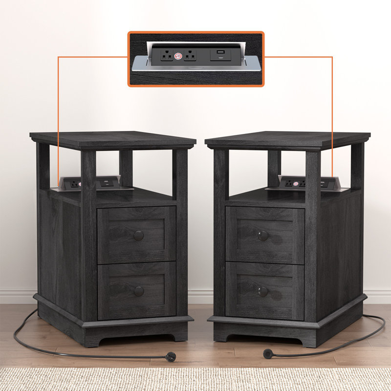 2 Drawers End Tables with Storage and Fast Charging Station for Living Room, Black