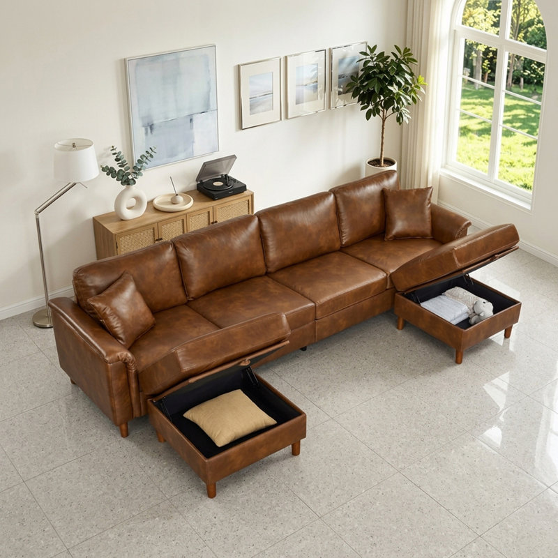 Canapé d'angle capitonné avec 2 poufs de rangement amovibles, Similicuir brun