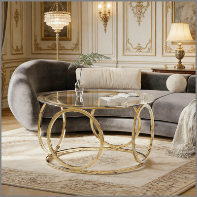 Table basse 31,5 "moderne avec plateau rond en verre avec cadre circulaire en métal, table d'appoint contemporaine pour le salon, le bureau et le salon (verre transparent + cadre doré)