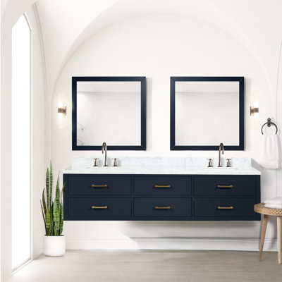 Blue 80" Double Bath Vanity With Marble Top And Faucets, , Solid Wood Frame, Panels 80 In. W X 22 D Blue, Countertop, Faucet ,