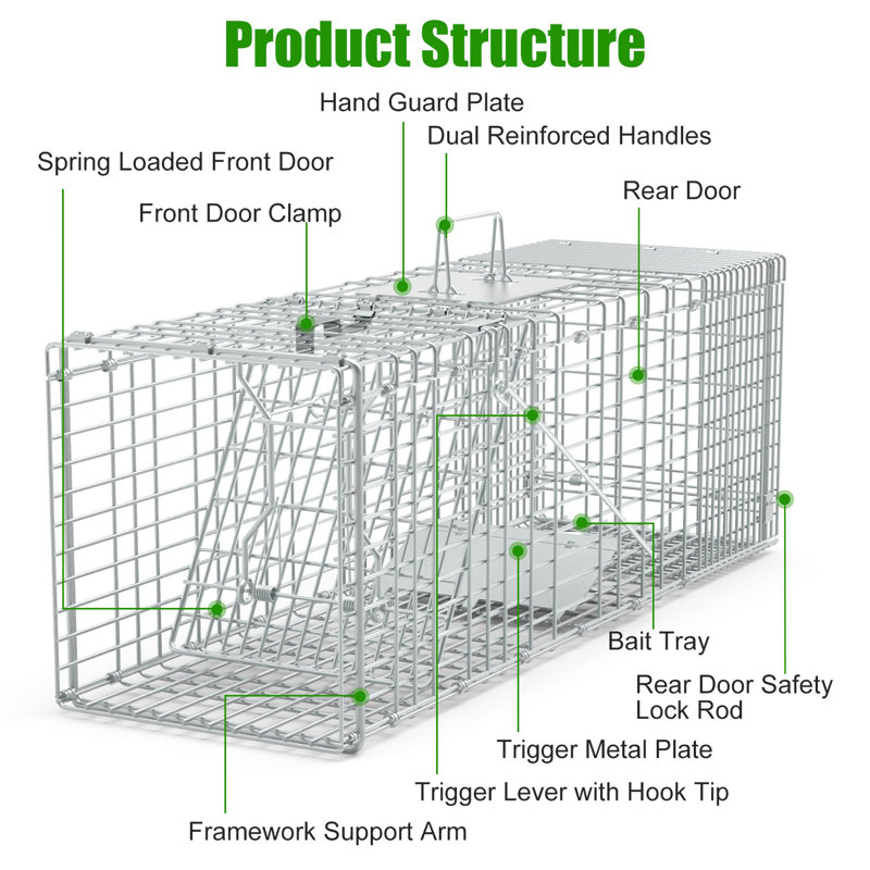Cage à animaux escamotable 35,43 x 11,02 x 12,60 po avec porte de sortie arrière, plateau d'appât et gants