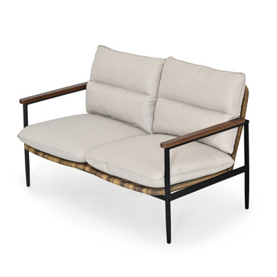 Darrel Aluminum Wicker Outdoor Loveseat With Light Gray Cushions by Ebern Designs