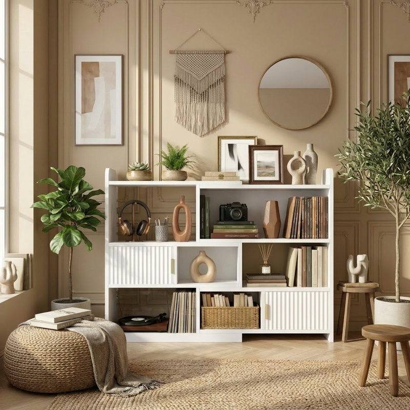 38"H Modern Adjustable Bookcase - Open & Closed Storage, L-Shaped or Straight, for Living Room, Bedroom, Home Office,38"Hx46.7"W*9.4"D