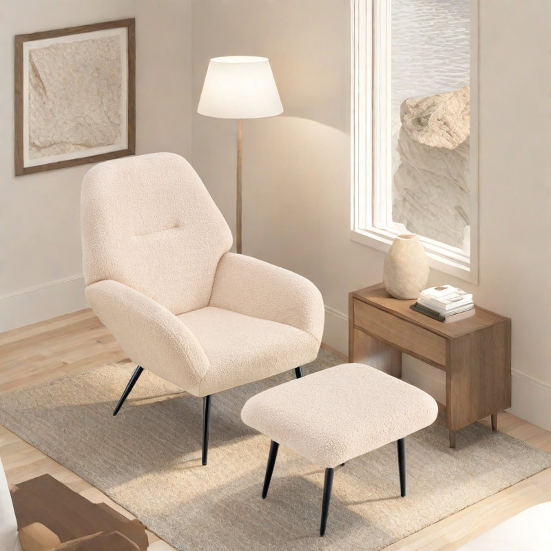 Edmeston 20'' W Upholstered Armchair with Ottoman, Beige Teddy