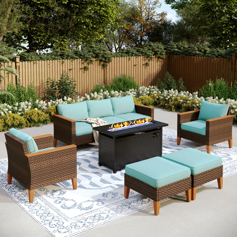 Phenice 7 - Person Outdoor Wicker Patio Conversation Furniture Set with Fire Pit Table, Blue