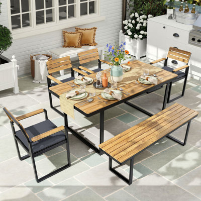 7 - Person Acacia Patio Dining Set with Rectangular Table and Bench