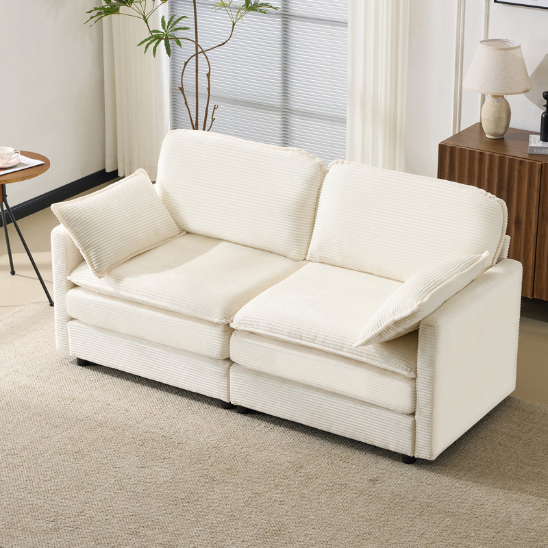 Canapé modulaire 2 places 69 po avec coussins en chenille de 22 po et 2 coussins décoratifs beige - format compact pour appartement, salon, chambre à coucher
