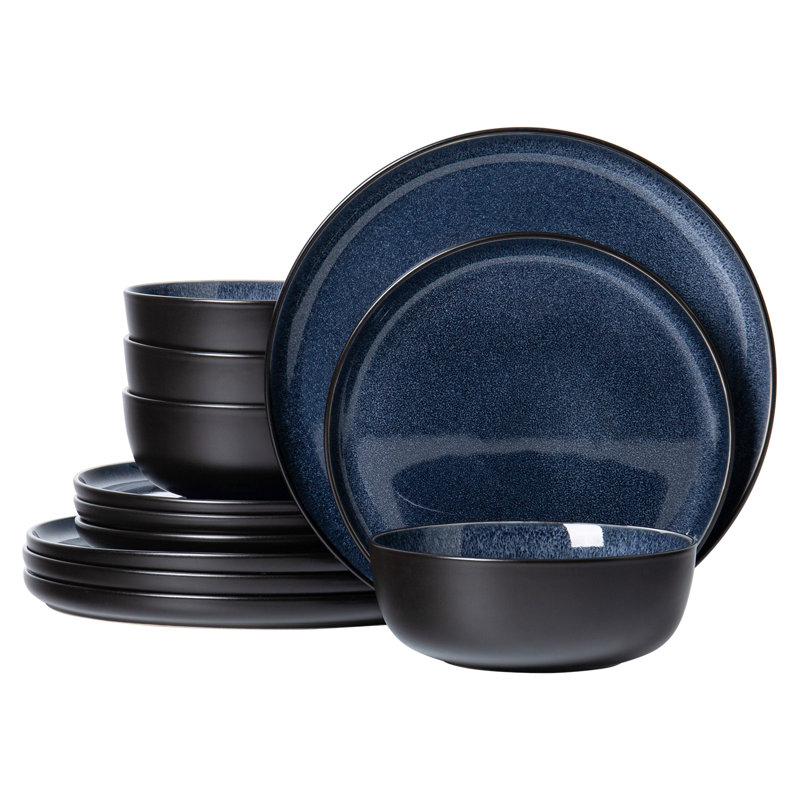 Service de table en grès 12 pièces ALOFMO Oynx, service pour 4, Bleu / Noir