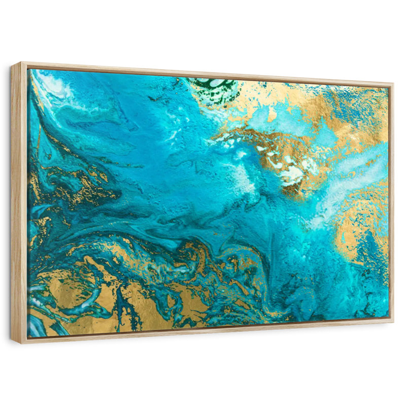 Texture bleue et dorée Phung, 37 po x 25 po, Cadre flottant en bois naturel