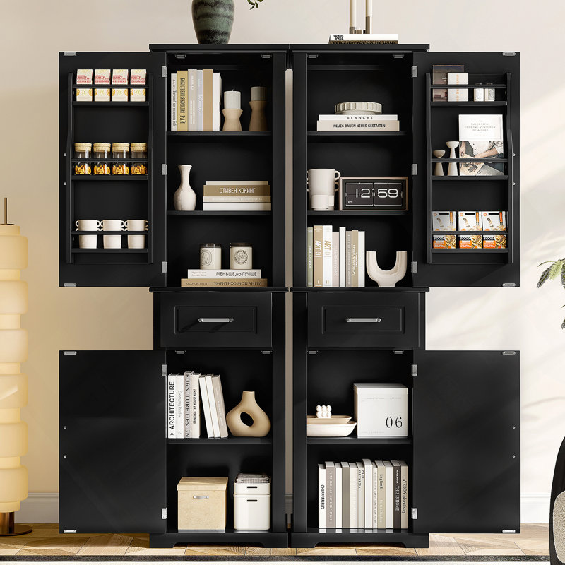 Tall Storage Cabinet With 4 Doors, Adjustable Shelf, Door Rack Design, MDF With Painted Finish, Freestanding Organizer For Bathroom, Office, Or Indoor Use – Black