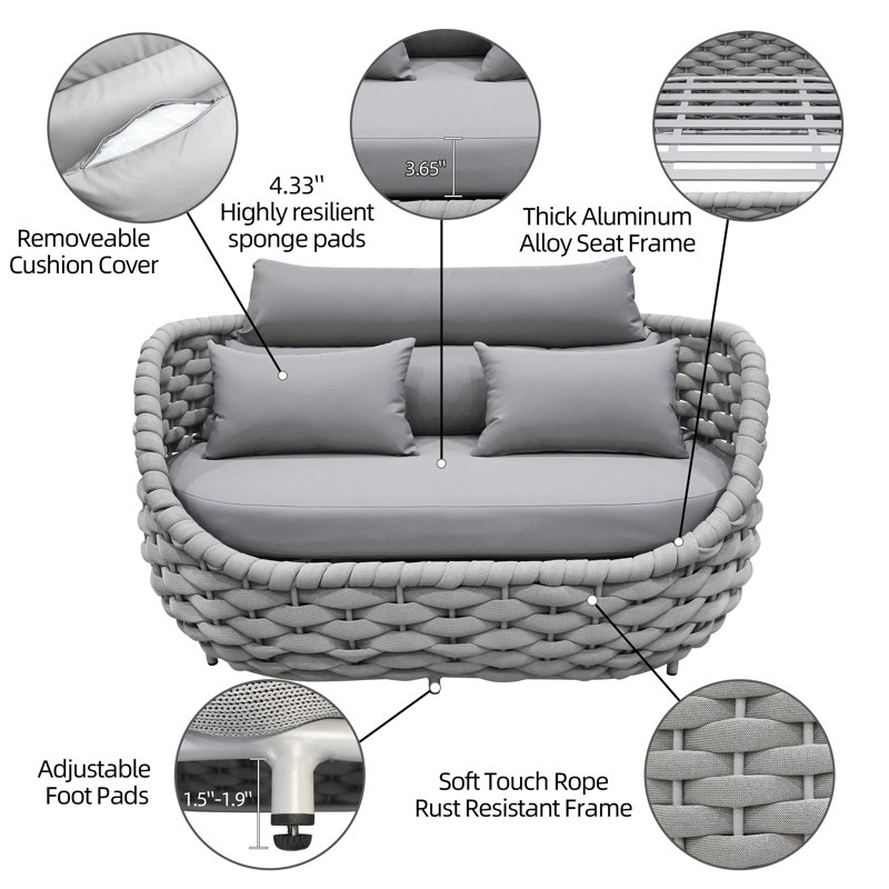Causeuse d'extérieur en osier 54,7 po avec coussins, Gris clair, Gris clair