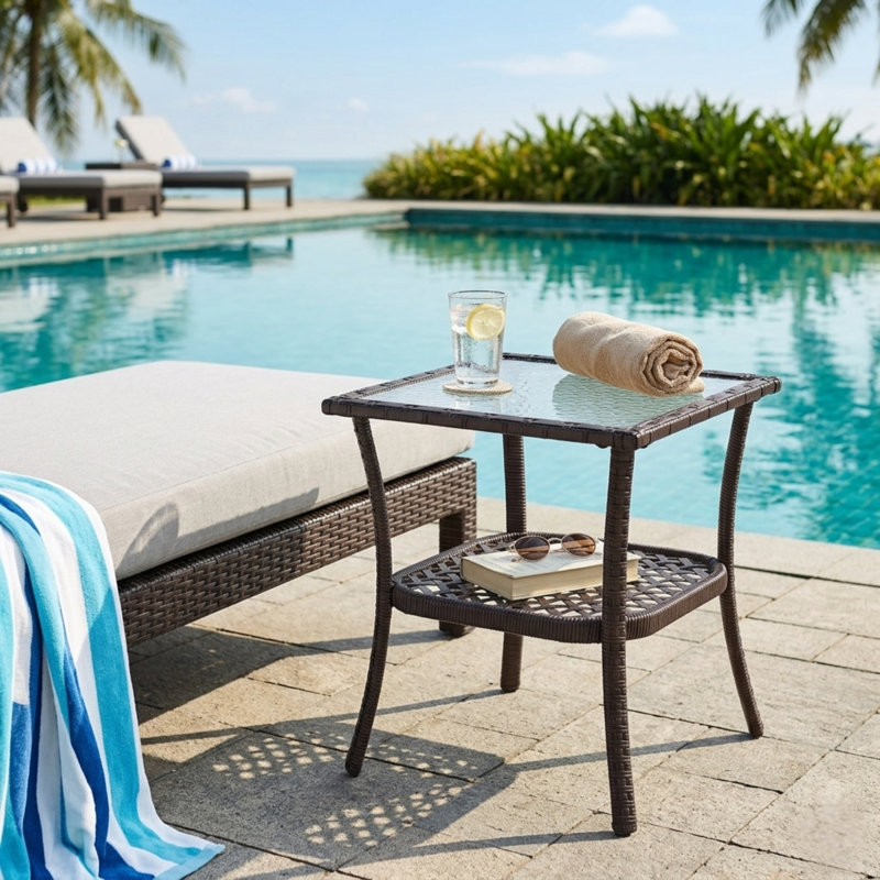 Patio Water Rippled Glass Side Table, Brown Rattan, Brown