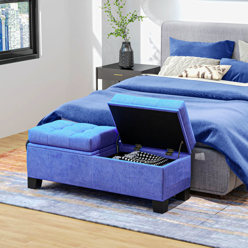 Storage Ottoman Bench, Blue Fabric