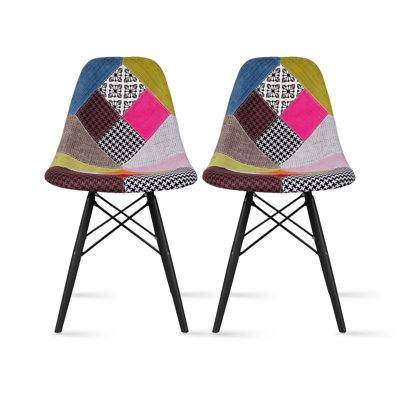 Set of 2 Molded Shell Designer Assemble Dinning Chair Side No Arms Wheels Armless Black Wood Wooden Eiffel for Dining Room Bedroom Kitchen, Patchwork Ann