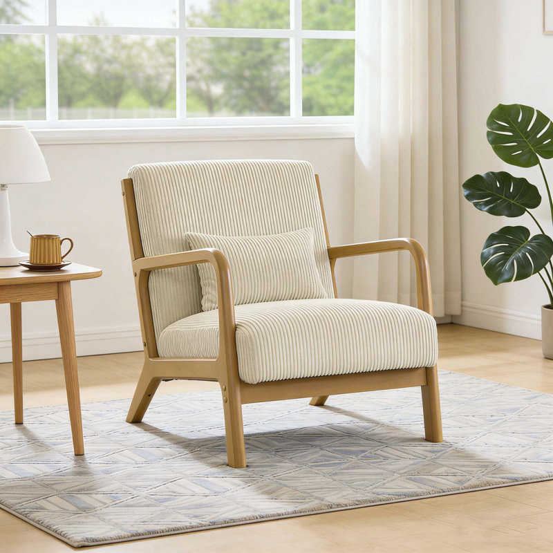 Chaise d'appoint moderne à rayures avec coussin, structure en bois et siège rembourré, idéale pour le salon, Beige