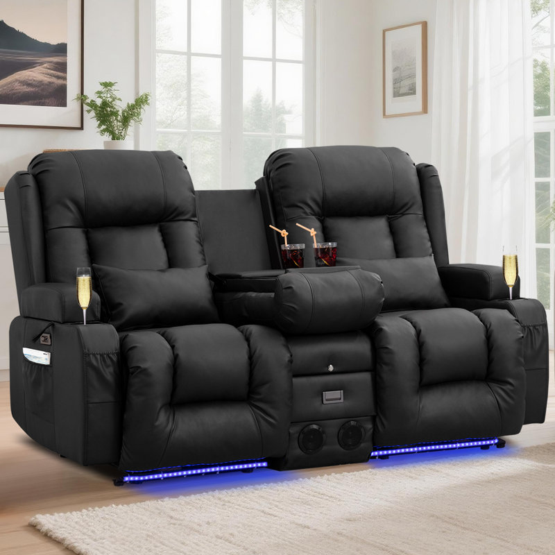 Power Reclining Sofa With Heat And Massage, Bluetooth Speakers And LED Lights, 3 Seater Dual Recliner Sofa With USB Ports And Cup Holders