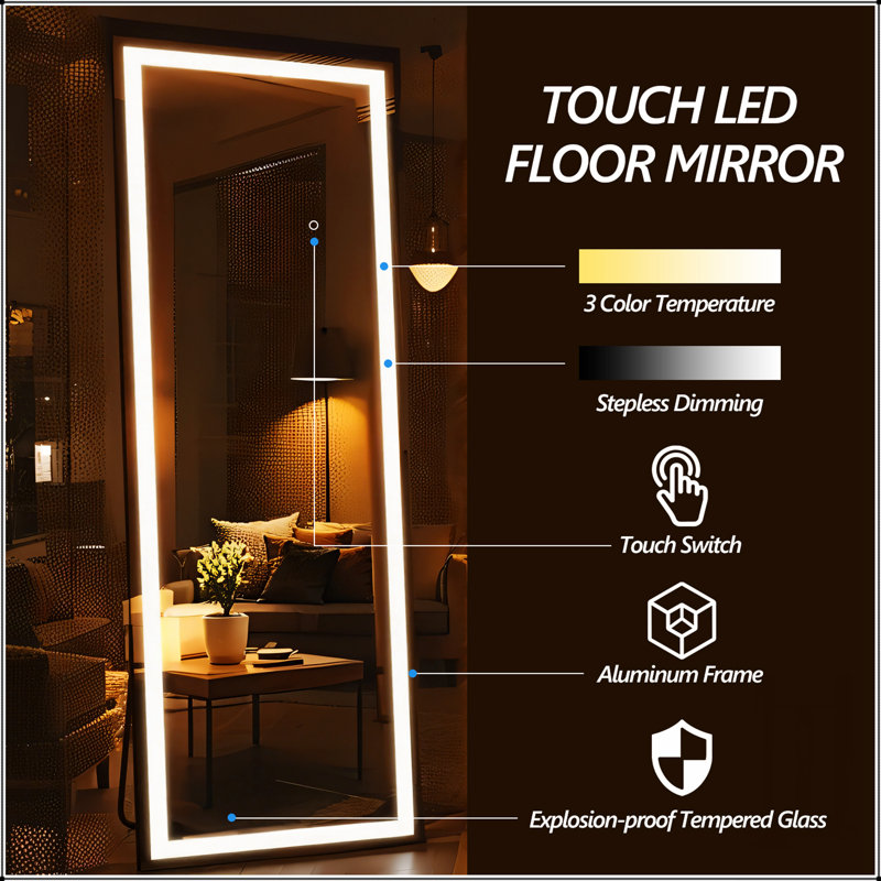 Full Length Mirror With LED Lights, Adjustable Color Temperature, Shatterproof Glass For Modern Living Spaces, 22" x 67"