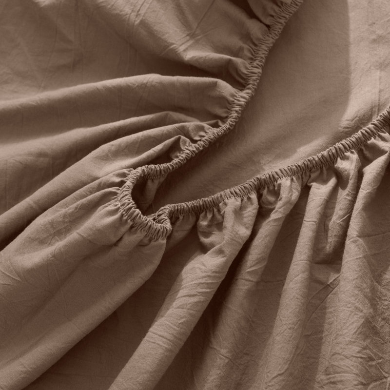 MooMee Fitted Sheet Only Extra Deep Pocket 100% Washed Cotton Linen Like Textured Lightweight Breathable, Mocha Brown, Twin 