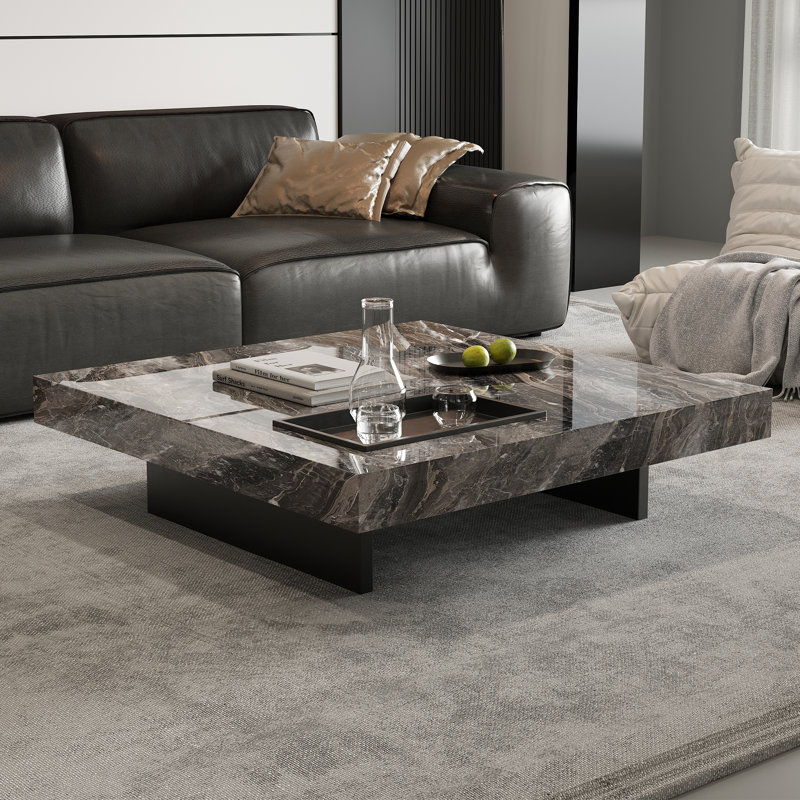 Square Coffee Table with Glossy Sintered Stone Table-top, Modern Coffee table with Stainless steel legs for Living Room, Gray