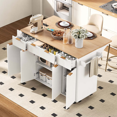Fluted Kitchen Island With Storage (Not Include Stools)